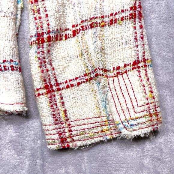 Zara Cream Red Plaid Boucle Cropped Tweed Blazer Jacket Sz 6 Deconstructed Chic - Picture 6 of 14